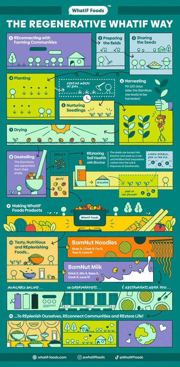 An infographic I made for regenerative food company WhatIF Foods, illustrating their regenerative production and manufacturing process.