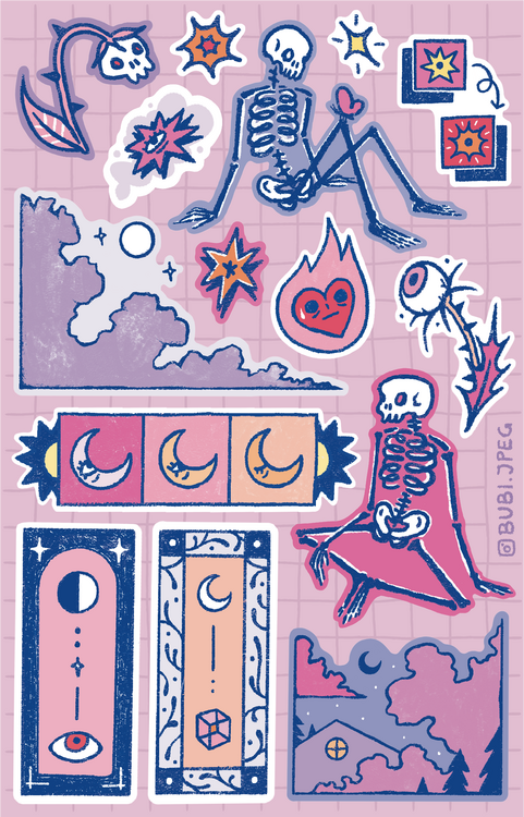 A sticker sheet made for Pameran Poskad, an annual community art exhibition for a good cause.
