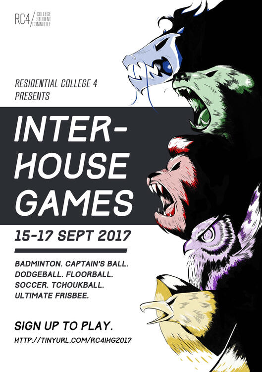 Poster for a university sports event. Illustrations of each house&#39;s mascot were created and made flexible for an official poster as well as sub-posters to reach both college-wide and target each house.
